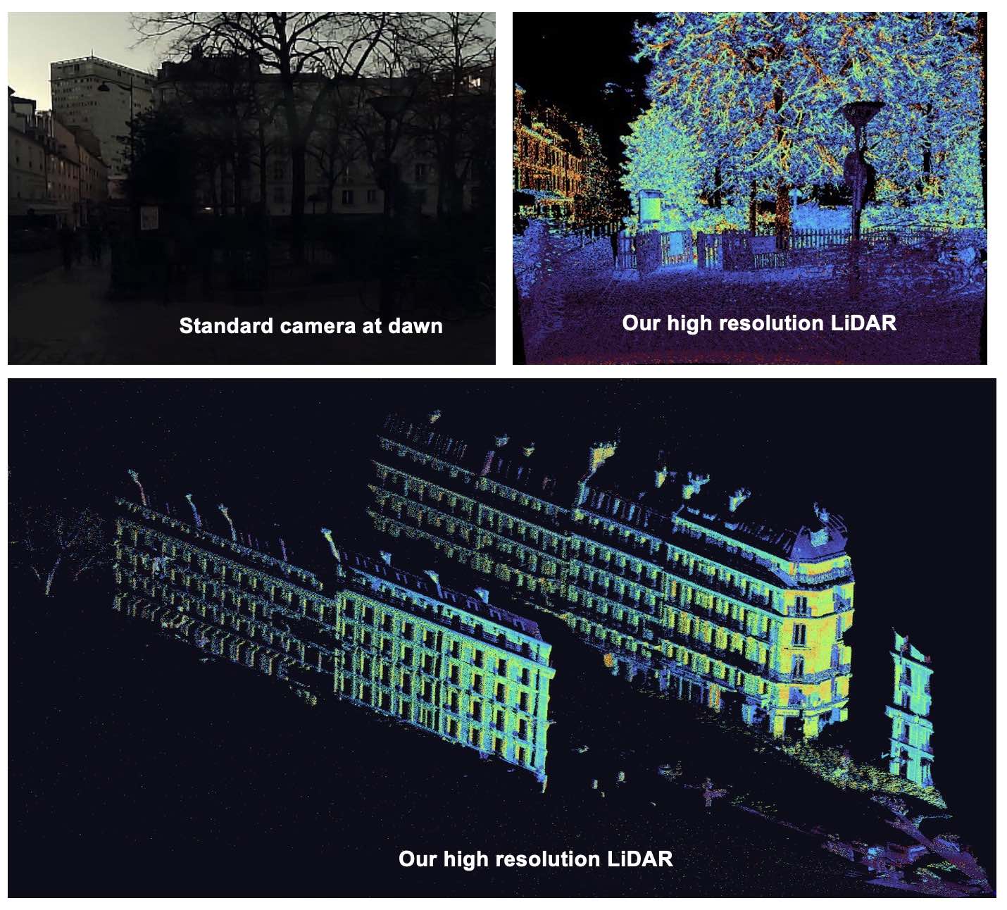 Paris street view with our SWIR Multispectral LiDAR at dawn compared with camera