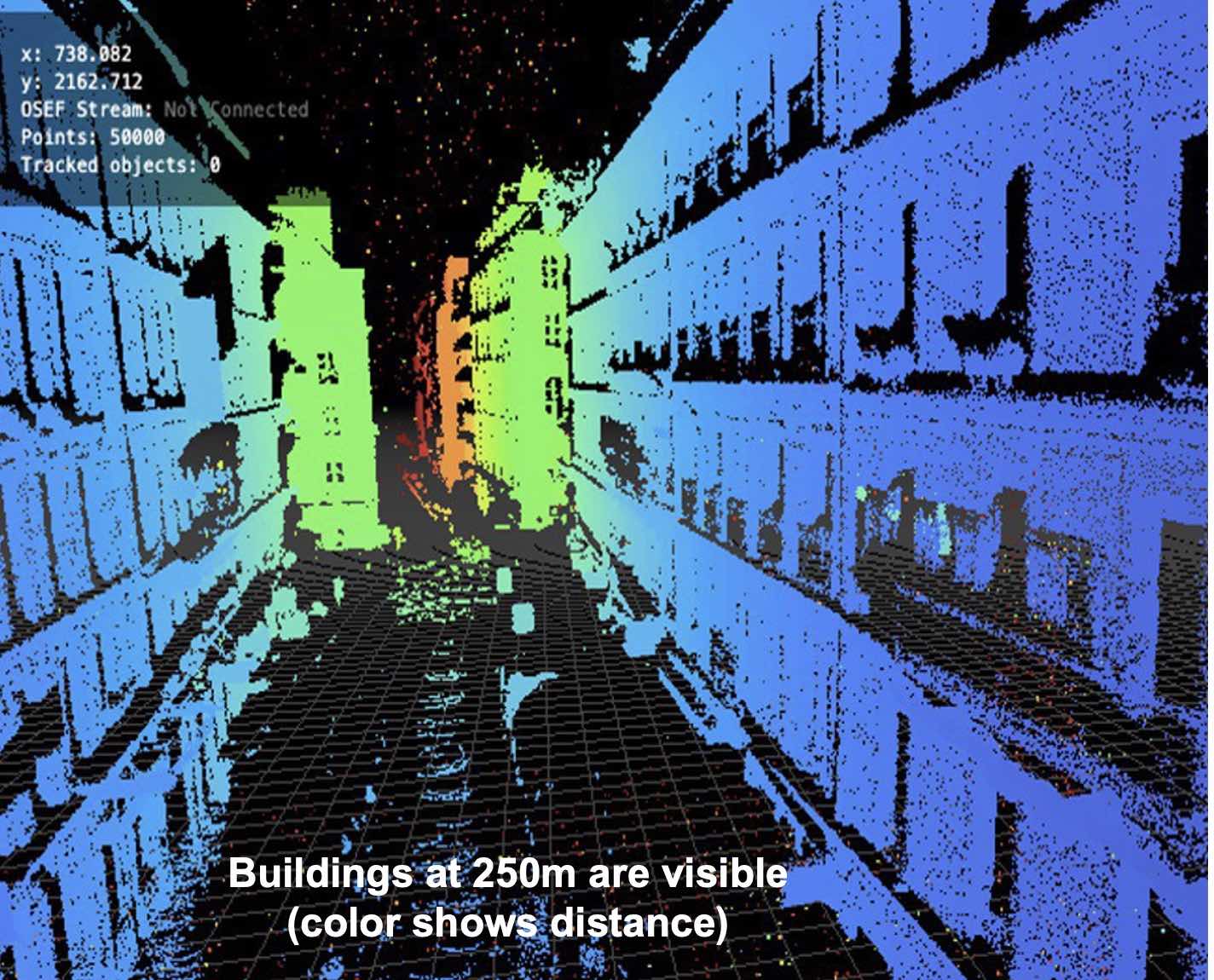 Iridesense Multispectral Lidar 3D view of a long street with buildings at 250m