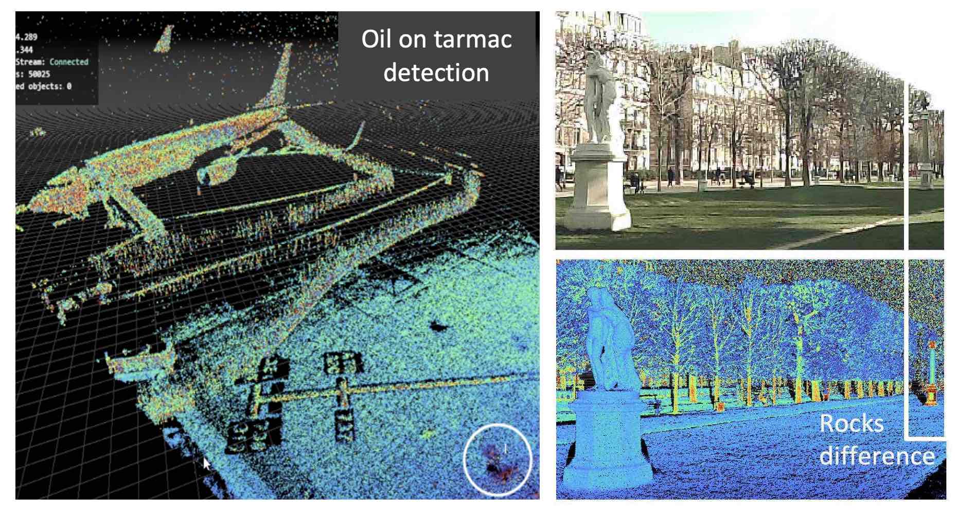 Multispectral perception of Airport in 3D shows oil on tarmac pollution and rocks discrimination