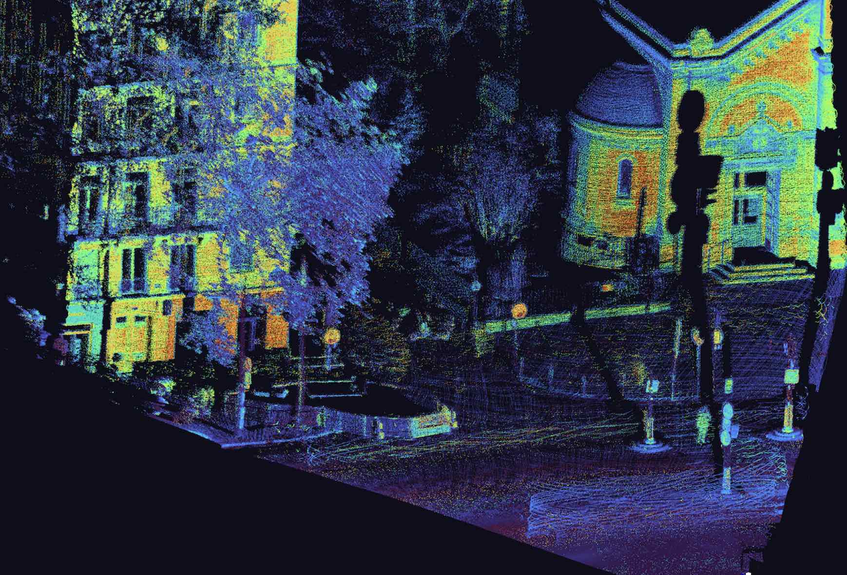 Iridesense Multispectral 3D Perception view of a church and street in Paris